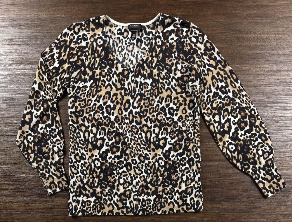 Leopard Print Pure Merino Wool Sweater Petite Small SP Talbots Luxury Lightweigh